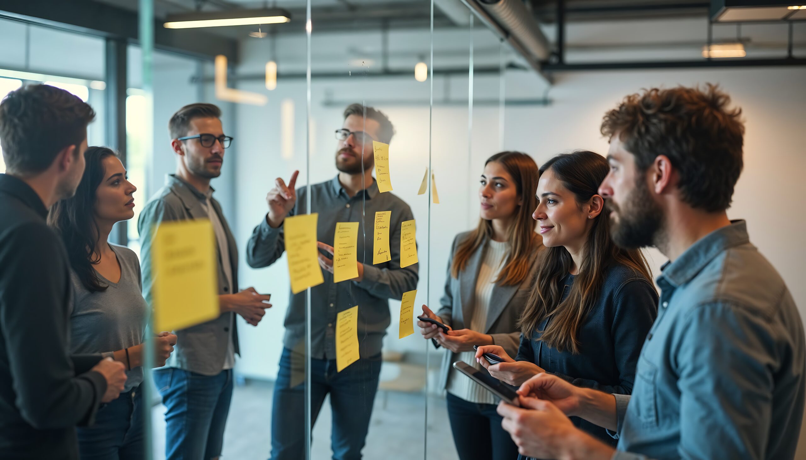 Business Collaboration and Strategy: A diverse team gathers around a glass board adorned with sticky notes, engaged in a lively brainstorming session, symbolizing innovation and teamwork