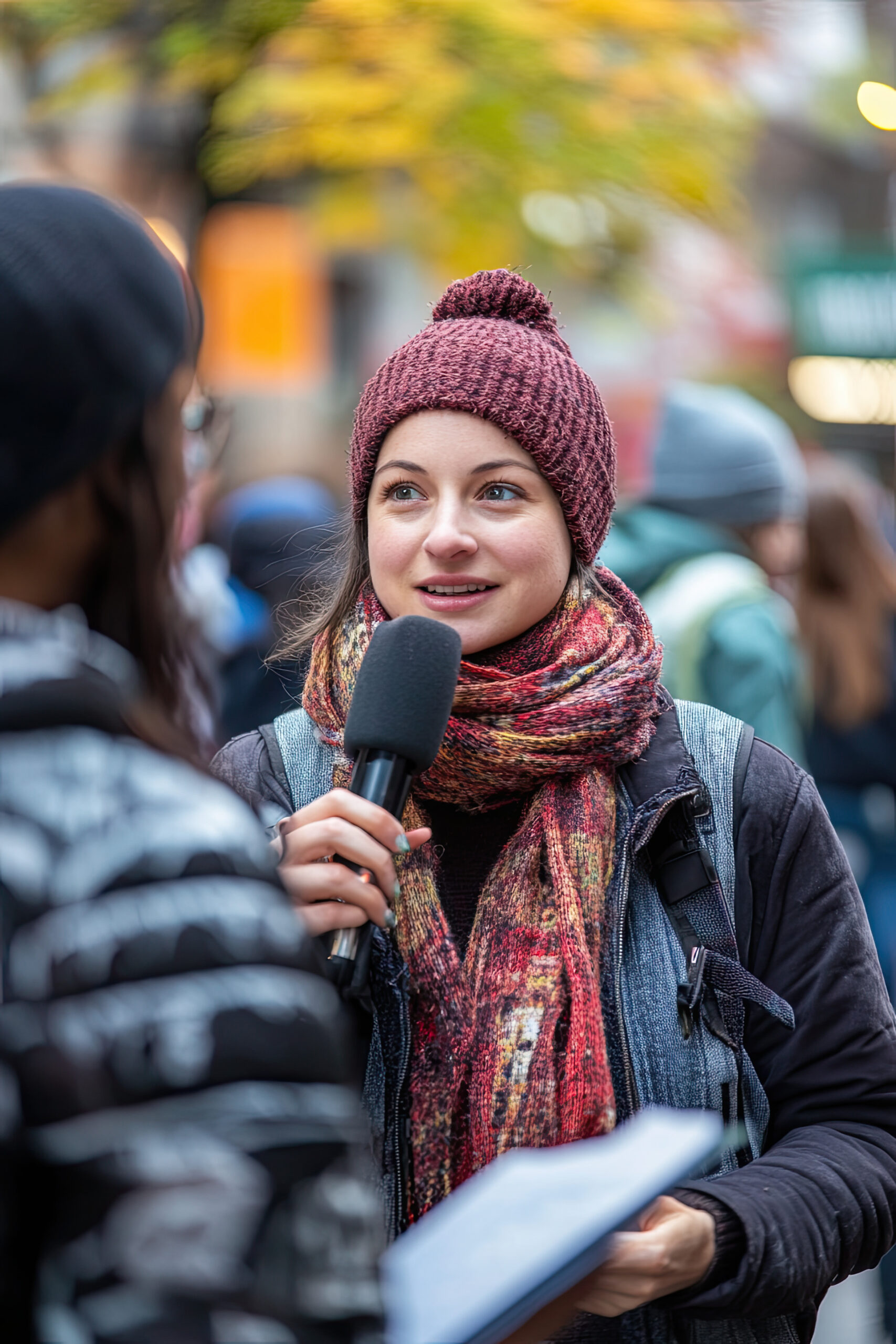 Journalist interviewing a local resident during a street event